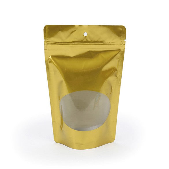 Stand Up Pouches Gold with oval Window 13x7x20.5cm | 113 grams (100 pieces) [ZBGO3G]