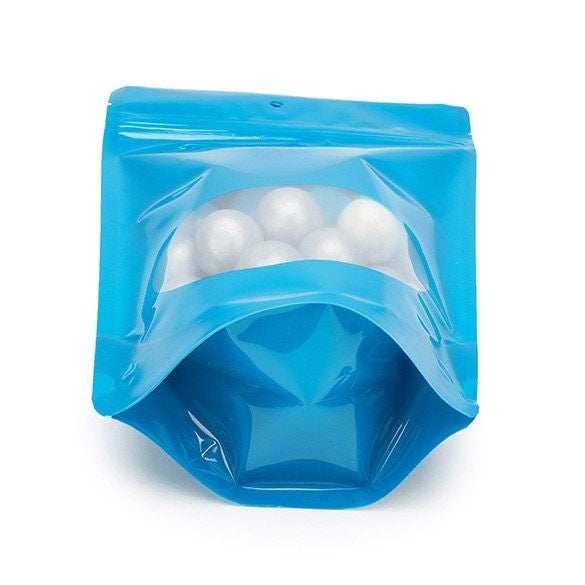 Stand Up Pouches Blue with oval Window 14.9x8.9x23.2cm | 312 grams with round hang hole (100 pieces) [ZBGO7BLH]