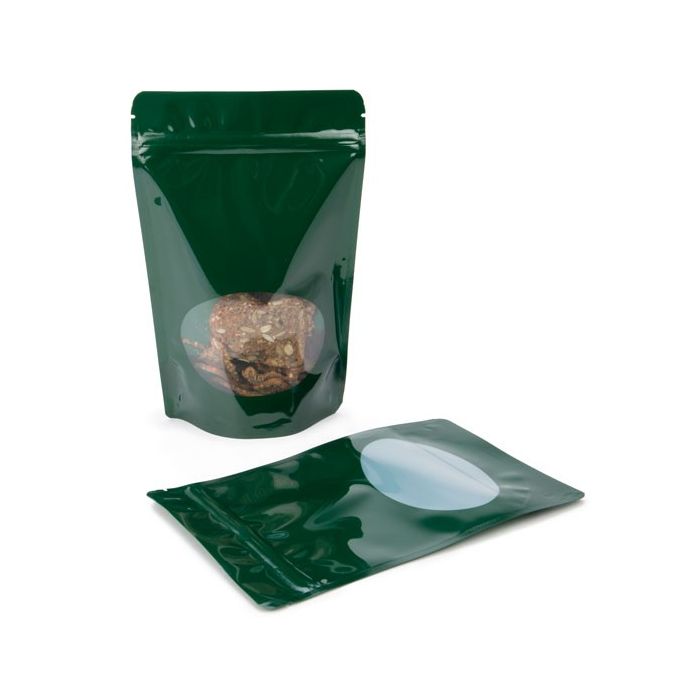 Stand Up Pouches dark Green with oval Window 15x9x23.2cm | 312 grams (100 pieces) [ZBGO7HG]