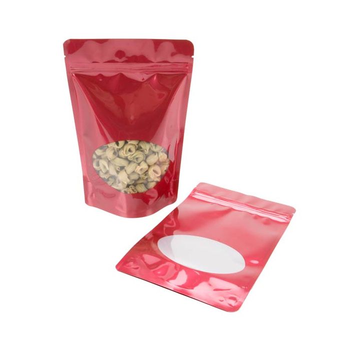 Stand Up Pouches Red with oval Window 15x9x23.2cm | 312 grams (100 pieces) [ZBGO7R]
