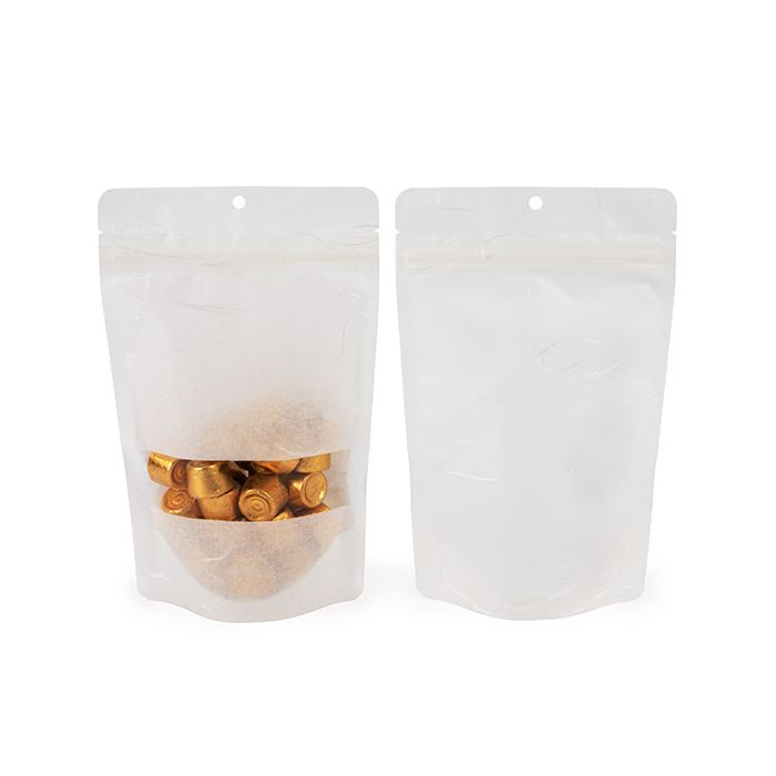 Eco Friendly Stand Up Pouches Rice Paper White With Rectangle window With Hanghole 13x7,9x20,6 cm (100 pieces) [ZBGRC3W]