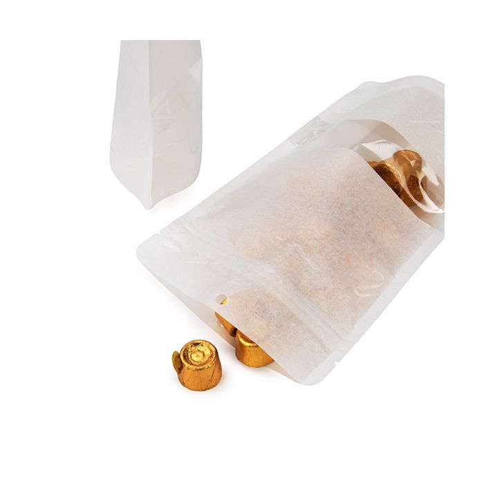 Eco Friendly Stand Up Pouches Rice Paper White With Rectangle window With Hanghole 13x7,9x20,6 cm (100 pieces) [ZBGRC3W]