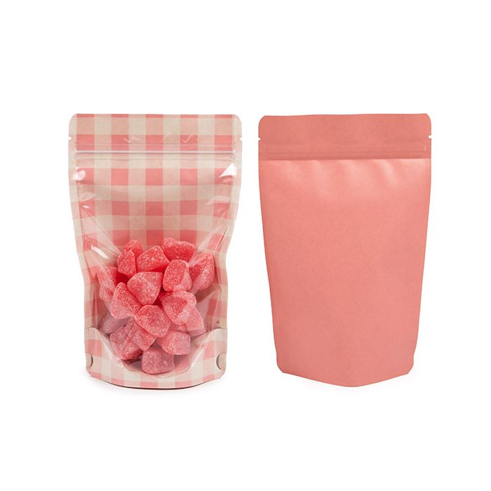 Stand Up Pouches Kraft Transparent/Pastel Pink Plaid 13x7,9x20,6 cm (25 pieces) [ZBGSW3PP]