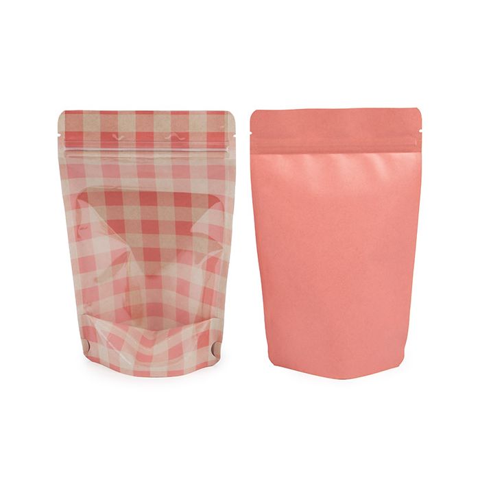 Stand Up Pouches Kraft Transparent/Pastel Pink Plaid 13x7,9x20,6 cm (25 pieces) [ZBGSW3PP]