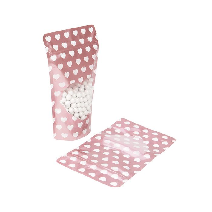 Stand Up Pouches Rose Gold With White Hearts 13x7,9x20,6 cm (25 pieces) [ZBGSW3WH]