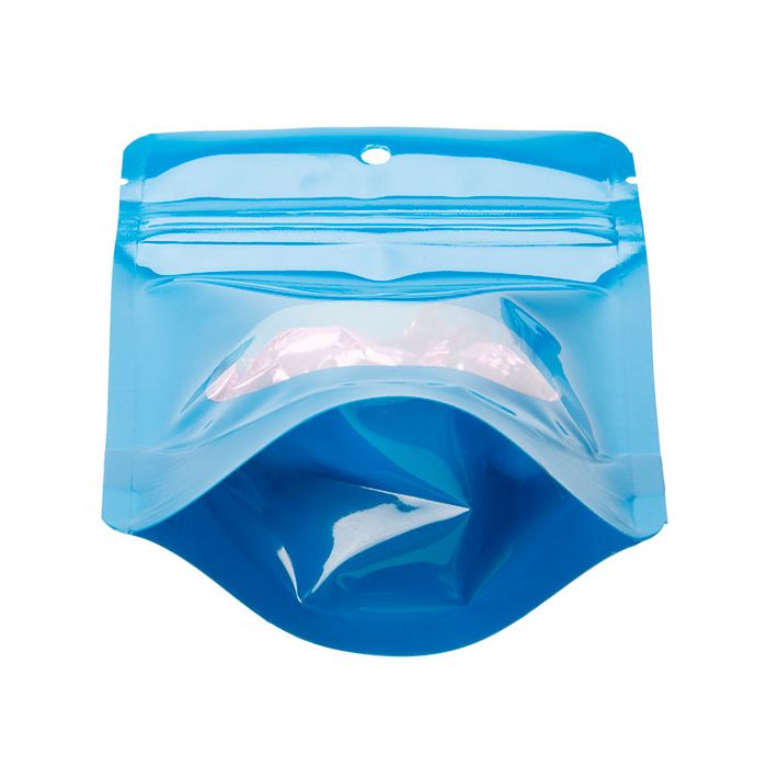Stand Up Pouches Blue With Oval Window 10,2x6x15,2cm With Hanghole (100 Pieces) [ZBGO2BLH]