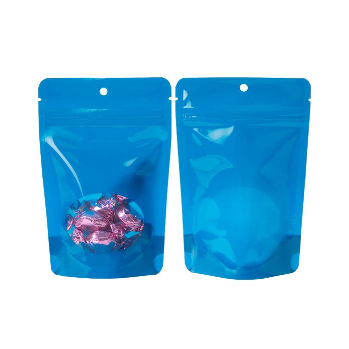 Stand Up Pouches Blue With Oval Window 10,2x6x15,2cm With Hanghole (100 Pieces) [ZBGO2BLH]