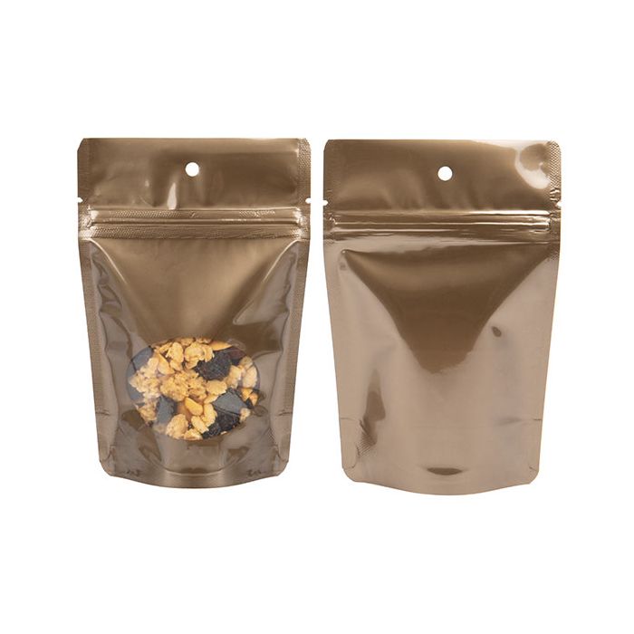 Stand Up Pouches Bronze with oval Window 10x6x15cm with Hang Hole (100 pieces) [ZBGO2BZH]