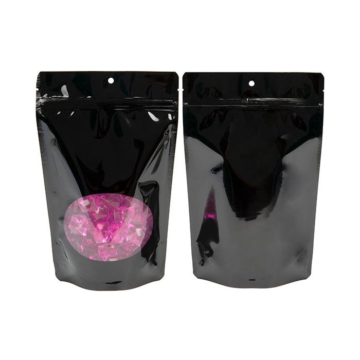 Stand Up Pouches Black With Oval Window 14,9x8,9x23,2cm With Hanghole (100 Pieces) [ZBGO7BH]
