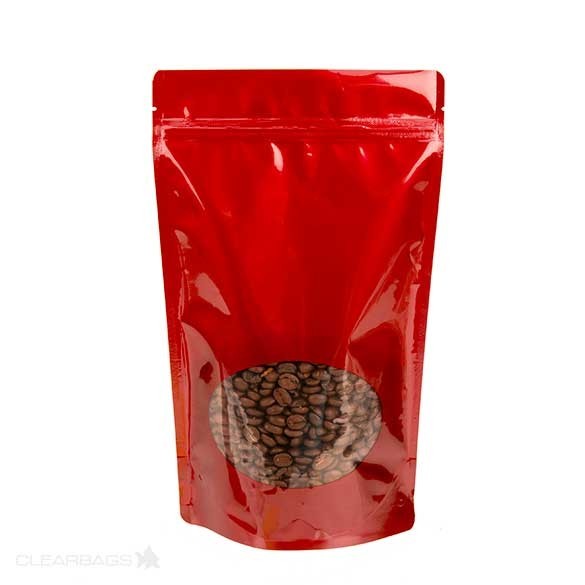 Stand Up Pouches Red with oval Window 23x12x34.5cm | 907 grams (100 pieces) [ZBGO6R]