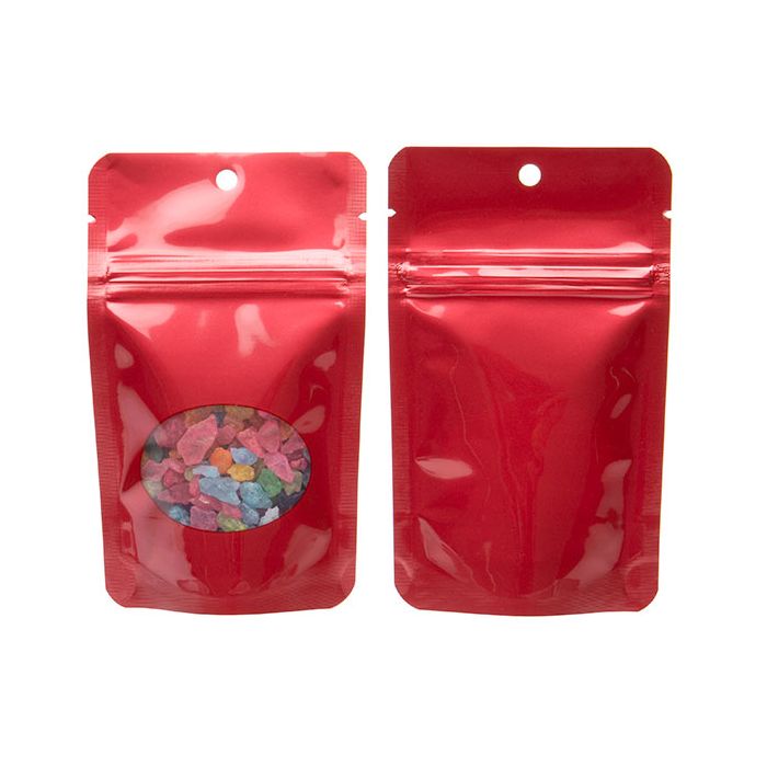 Red Stand Up Zipper Pouch Bags with Oval Window 8x5x13 cm + Hang Hole (100 Pieces) [ZBGO1RH]