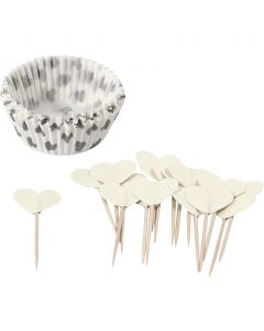 Cupcake Cases and Picks, H: 3 cm, dia. 5 cm, 40 g, off-white, 24 set/ 1 pack [HOB-59150]