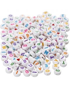 Letter Beads, size 7 mm, hole size 1,2 mm, ca. 1500 pc, white, 200 g/ 1 pack [HOB-69907]