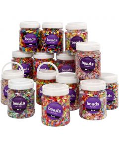 Plastic Beads, size 6-15 mm, hole size 1,5-6 mm, assorted colours, 16x700 ml/ 1 pack [HOB-99855]