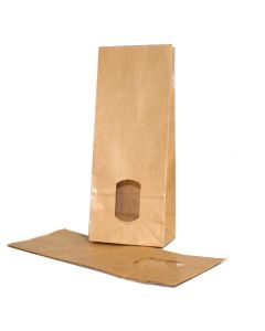 Block Bottom Bags Kraft Brown 10.5x6.5x27.5cm 70 g/m² lined with 30my OPP Foil and clear Window | 500 grams (100 pieces) [PAB1015]