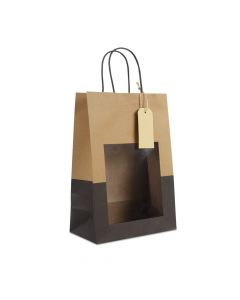 Gift bags with window and tag 22+12x32cm kraft/black