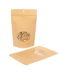Stand Up Pouches Kraft Compostable 14.9x8.9x23.2cm with oval Window | 312 grams (100 pieces) [ZBGEO7K]