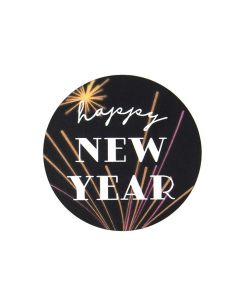 Stickers Round Happy New Year (Round Black w/ White Tekst) 3,8 cm (1 Sheet) [LS1HHNY]