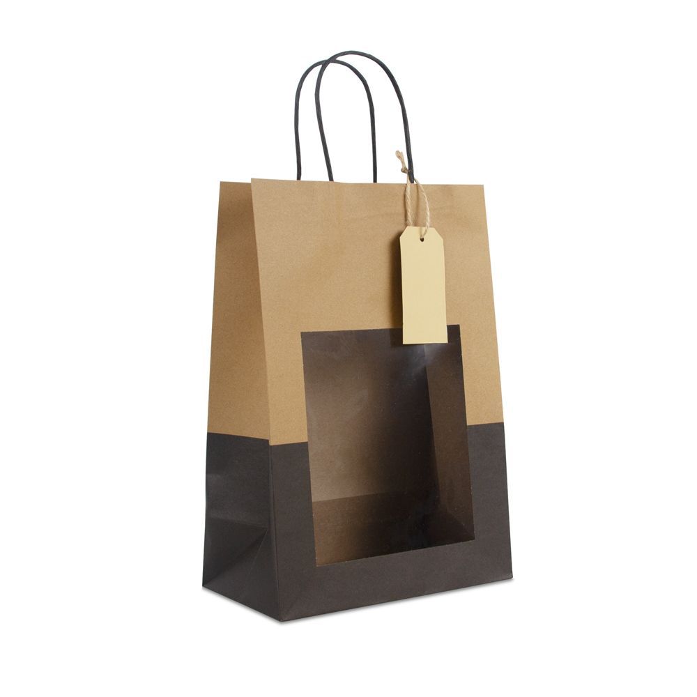 Gift bags with window and tag 22+12x32cm kraft/black