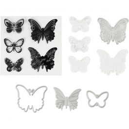 Clear stamps, embossing and cutting dies, butterflies, size 3,5-5,5 cm, 1 pack [HOB-117480]