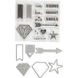 Clear stamps, embossing and cutting dies, words and signs, size 1,5-6 cm, 1 pack [HOB-117481]