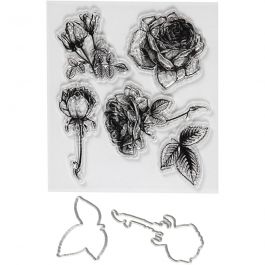 Clear stamps and cutting dies, flowers, size 4-6,5 cm, 1 pack [HOB-117483]