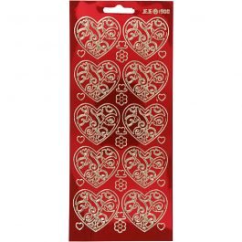 Stickers, gold, transparent red, hearts, 10x23 cm, 1 sheet [HOB-170054]