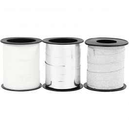 Curling Ribbon, silver, glitter silver, white, 3x15 m/ 1 pack [HOB-202412]