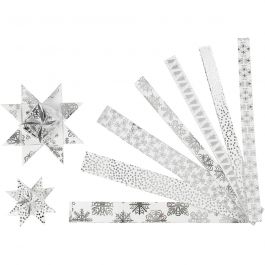 Paper star strips, silver, white, L: 44+78 cm, W: 15+25 mm, D: 6,5+11,5 cm, 48 strips/ 1 pack [HOB-24360]