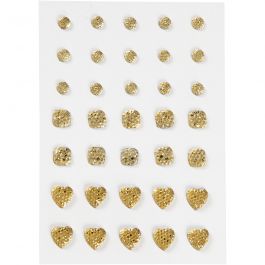 Rhinestones, gold, round, square, heart, size 6+8+10 mm, 35 pc/ 1 pack [HOB-24378]