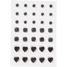 Rhinestones, black, round, square, heart, size 6+8+10 mm, 35 pc/ 1 pack [HOB-24379]
