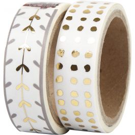 Washi Tape, gold, white, hearts and dots - foil, W: 15 mm, 2x4 m/ 1 pack [HOB-24767]
