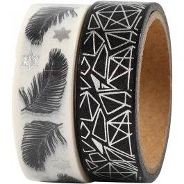 Washi Tape, feather and pattern -foil, W: 15 mm, 2x4 m/ 1 pack [HOB-24772]