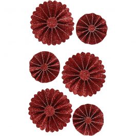 Paper Rosettes, red glitter, D: 35+50 mm, 6 pc/ 1 pack [HOB-24775]