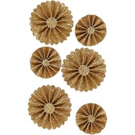 Paper Rosettes, gold glitter, D: 35+50 mm, 6 pc/ 1 pack [HOB-24776]