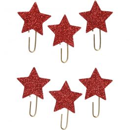 Metal Paperclips, red glitter, star, D: 30 mm, 6 pc/ 1 pack [HOB-24779]