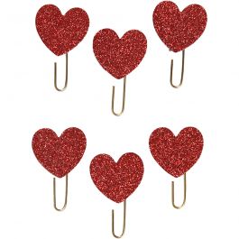 Metal Paperclips, red glitter, hearts, D: 30 mm, 6 pc/ 1 pack [HOB-24780]