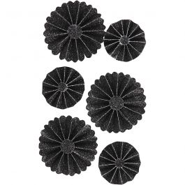 Paper Rosettes, black glitter, D: 35+50 mm, 6 pc/ 1 pack [HOB-24787]