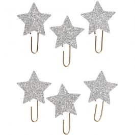 Metal Paperclips, glitter silver, star, D: 30 mm, 6 pc/ 1 pack [HOB-24790]