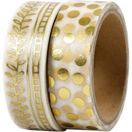 Washi Tape, gold, rake and dots - foil, W: 15 mm, 2x4 m/ 1 pack [HOB-24796]