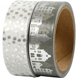Washi Tape, silver, houses and dots - foil, W: 15 mm, 2x4 m/ 1 pack [HOB-24798]