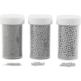 Mini Glass beads, silver, size 0,6-0,8+1,5-2+3 mm, 3x45 g/ 1 pack [HOB-28388]