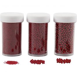Mini Glass beads, red, size 0,6-0,8+1,5-2+3 mm, 3x45 g/ 1 pack [HOB-28389]