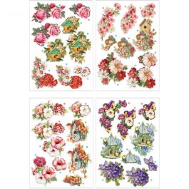 3D Decoupage Motifs, flowers and birds, 21x30 cm, 4 sheet/ 1 pack [HOB-28701]