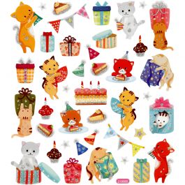 Fancy Glitter Stickers, birthday cats, 15x16,5 cm, 1 sheet [HOB-29063]
