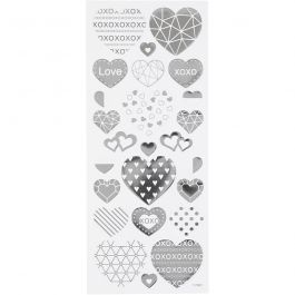 Stickers, silver, hearts, 10x24 cm, 1 sheet [HOB-29140]