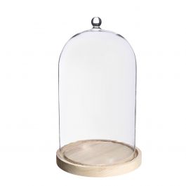 Glass dome with knob and wood base Ø17 h.28 cm (1 pc) [IFS-29315]