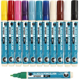 Glass & Porcelain Pens, assorted colours, line 2-4 mm, opaque, 12 pc/ 1 pack [HOB-31332]