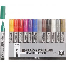 Glass & Porcelain Pens, assorted colours, line 1-2 mm, semi opaque, 12 pc/ 1 pack [HOB-31334]