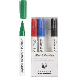 Glass & Porcelain Pens, black, blue, green, red, line 1-2 mm, semi opaque, 4 pc/ 1 pack [HOB-31336]